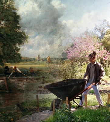 A composite image, on left a cropped painting depicting people cleaning a river, on right a photo of a person with a wheelbarrow in a garden.