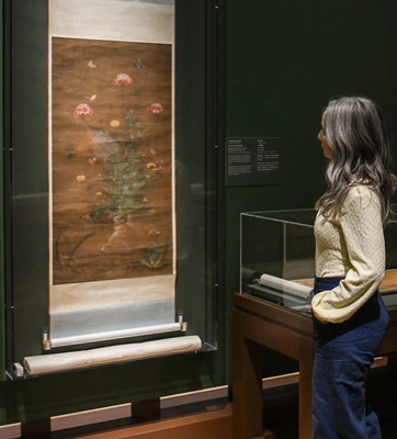 A person looks at a traditional Chinese scroll painting.