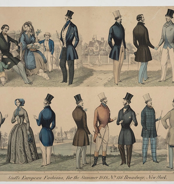 An advertisement that shows men and women in the fashion of 1848.