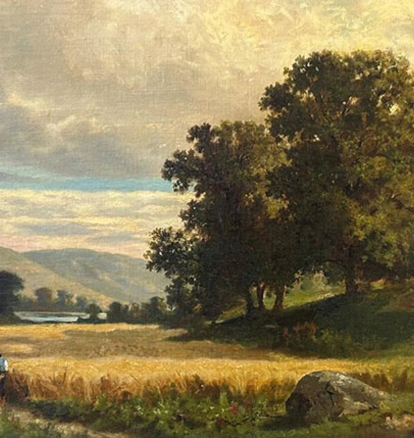 Painting of a person walking through a field of wheat with oak trees on a nearby hill.