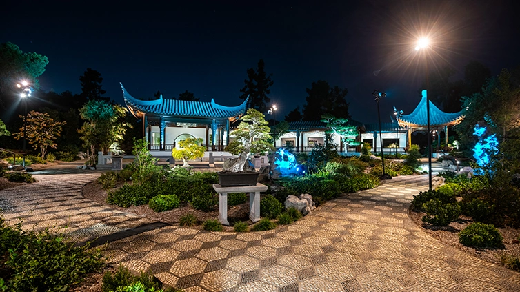 A lit up night in the Penjing Courtyard.