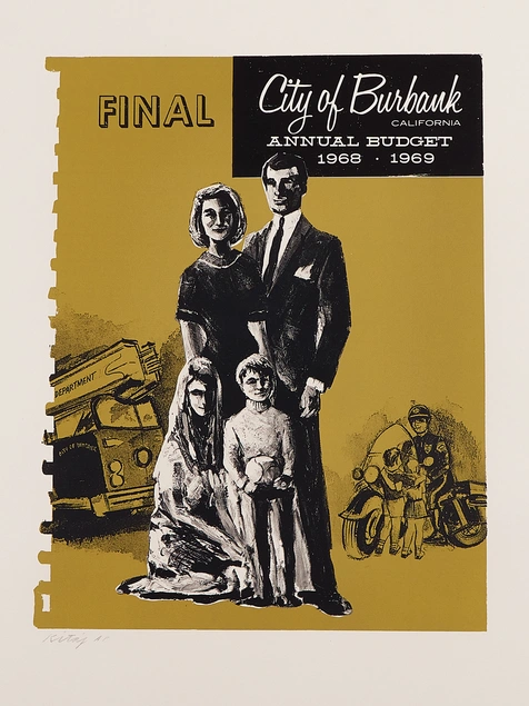 Illustrated book cover with a family in black and white on a mustard-colored background.