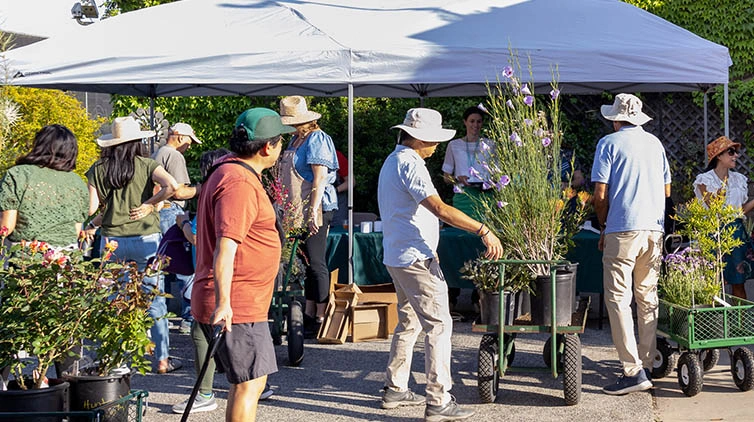 People waiting in line to purchase their plants.