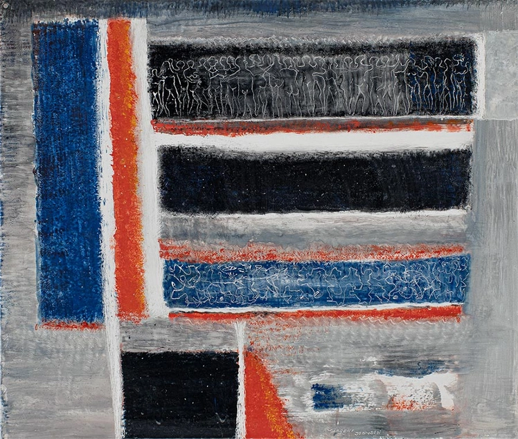 Vertical and horizontal lines and stripes in blue, burnt orange, black, and white with a gray background.