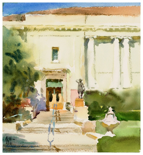 A watercolor painting of a classical style building with stairs surrounded by sculptures and plants.