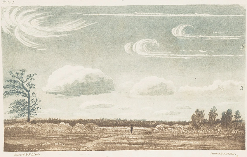 An engraving of an open plain with wisps of clouds above.