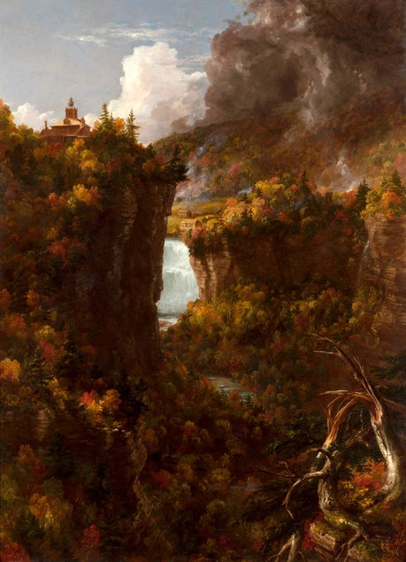 A painting of buildings high up on a distant mountain cliff.