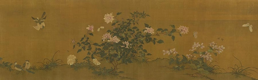 Drawing of white and pink flowers with blue-hued birds playing nearby.