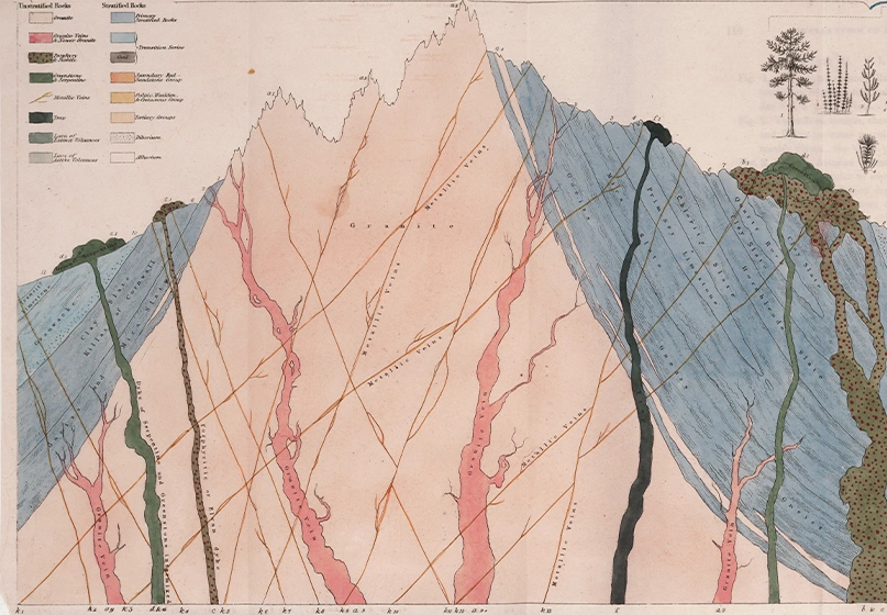 An engraved print in full color, depicting a cross-section of earth, with various rocks, minerals, plants, and animals.