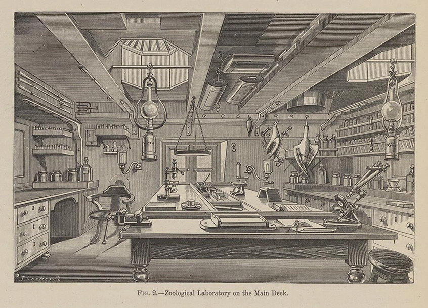 Black-and-white drawing of a laboratory with scientific instruments on tables and hung on walls.