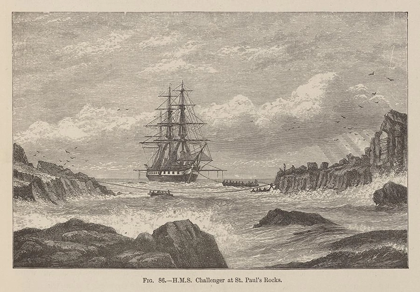 Black-and-white drawing of a ship at sea with a rocky coast and lapping waves in the foreground.