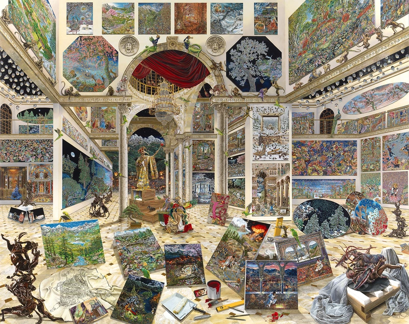 An enamel artwork depicting an artist’s studio filled with paintings along the walls and floor.