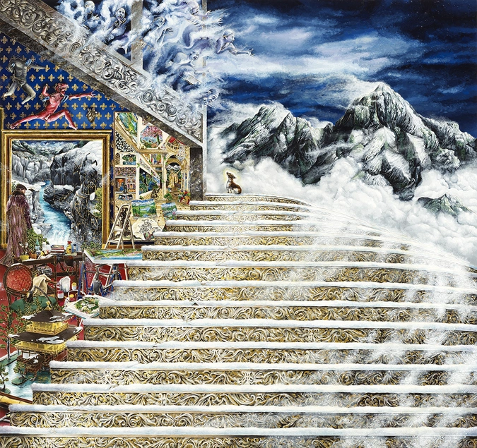 A small dog sits atop an ornate staircase, looking at ghosts in the sky. On the left is an artist’s studio.