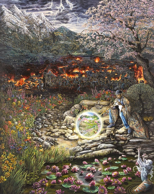 An enamel painting of people in a mountainside town on fire beneath a stormy sky. In the foreground, a person sits near a lily pond, blowing a bubble that contains a portal to another world.