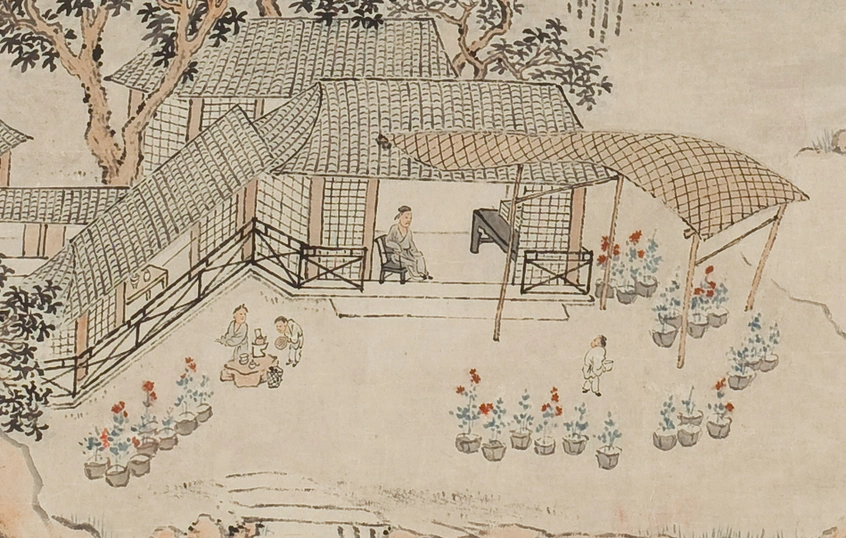 A Chinese-style ink drawing on paper depicting a garden structure with potted chrysanthemums.