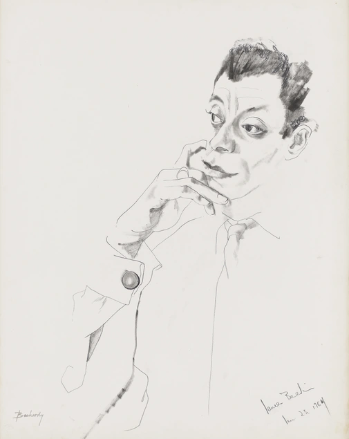 A pencil and ink drawing of a man with his hand on his chin.