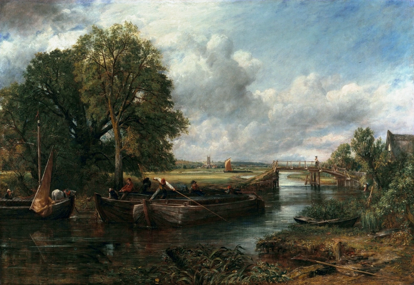 A painting of a river with large trees and a bridge, people work near boats in the foreground.