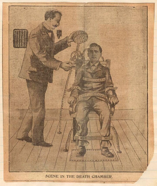 Newspaper clipping of an illustration showing a man strapped to an electric chair.