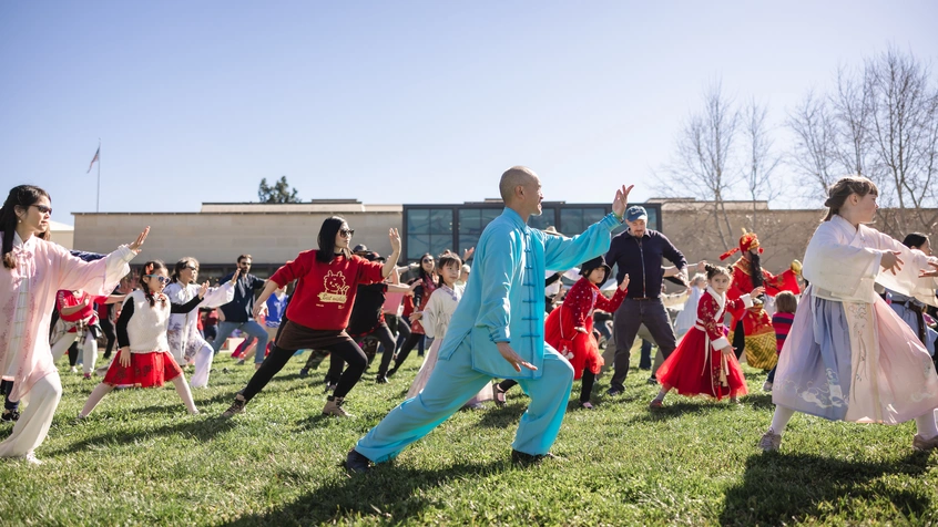 A large group of people perform movement exercises on a grass lawn.