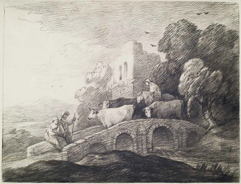 Thomas Gainsborough (British, 1727-1788), Wooded Landscape with Herdsman Driving Cattle over a Bridge, Rustic Lovers, and Ruined Castle, c. 1780, soft-ground etching. Gift of Norman Baker of Evans, Pierson, & Co., The Huntington Library, Art Collections, and Botanical Gardens.