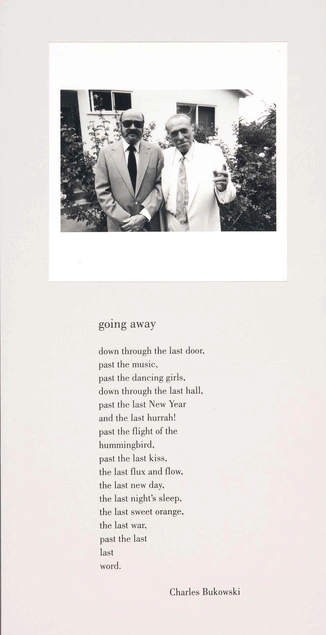 Photo of John Martin and Charles Bukowski, ca. 1980–85. Photo by Michael Montfort, on broadside "Going Away" published by Random Lengths News, San Pedro, 2002. Huntington Library, Art Collections, and Botanical Gardens.