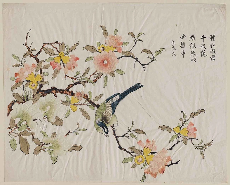 Pomegranate and Magnolia with Bird, Qing dynasty, ca. 1700–1750. Artist: Ding Liangxian. Publisher: Jinchang district, Suzhou, Jiangsu province. Woodblock print with embossing, ink and colors on paper (multi-block technique with hand-coloring), 11 7/8 × 14 3/4 in. Museum of Fine Arts, Boston. Photograph © 2016 Museum of Fine Arts, Boston.