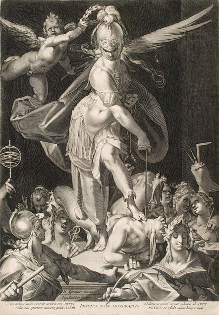 Egidius Sadeler II, after Bartholomeus Spranger, Triumph of Wisdom over Ignorance, ca.1600. Engraving, 20 1/16 × 14 1/4 in. Huntington Library, Art Collections, and Botanical Gardens.