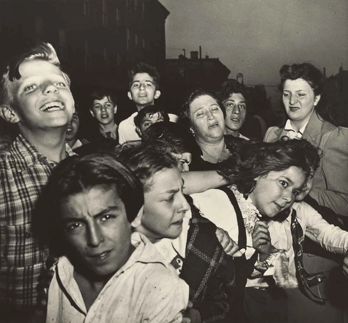 Weegee, First Murder, c. 1950, gelatin silver print, 10 1/8 × 11 in. The J. Paul Getty Museum, Los Angeles. © International Center of Photography.