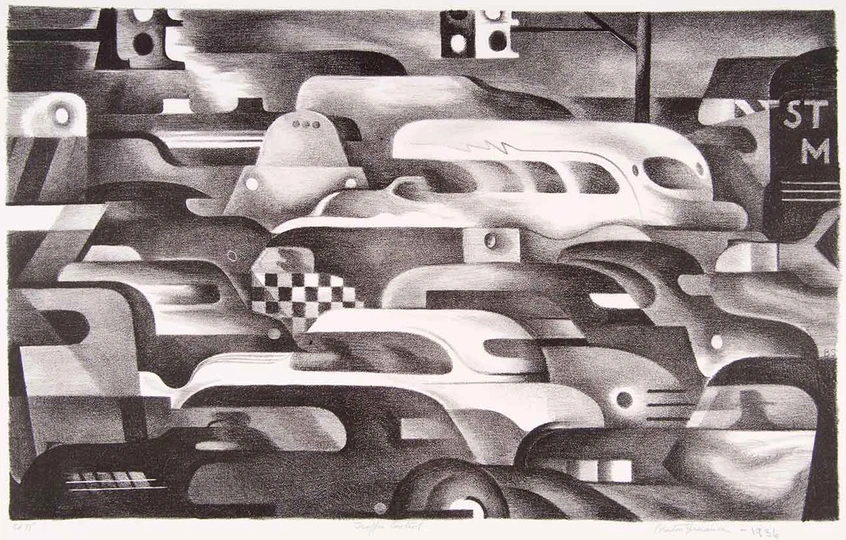 Benton Murdoch Spruance, Traffic Control, 1936, lithograph on woven paper, 9 × 14 3/8 in. The Huntington Library, Art Collections, and Botanical Gardens. Purchased with funds provided by Russel I. and Hannah S. Kully. Image courtesy of bentonspruance.com.