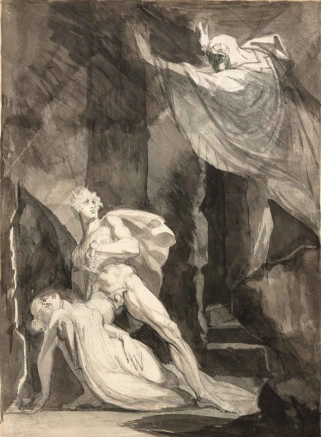 Henry Fuseli (Swiss, 1747‒1825), Haemon Discovering the Body of Antigone, 1800, gray-brown wash over graphite. The Huntington Library, Art Collections, and Botanical Gardens.