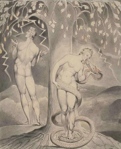 William Blake, Illustration 9 to Milton’s Paradise Lost, “The Temptation and Fall of Eve,” 1807, watercolor.