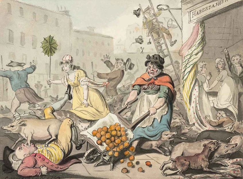 Isaac Cruikshank (British, 1764-1811), Unruly Pigs, 1799, pen and watercolor over pencil, The Huntington Library, Art Collections and Botanical Gardens.