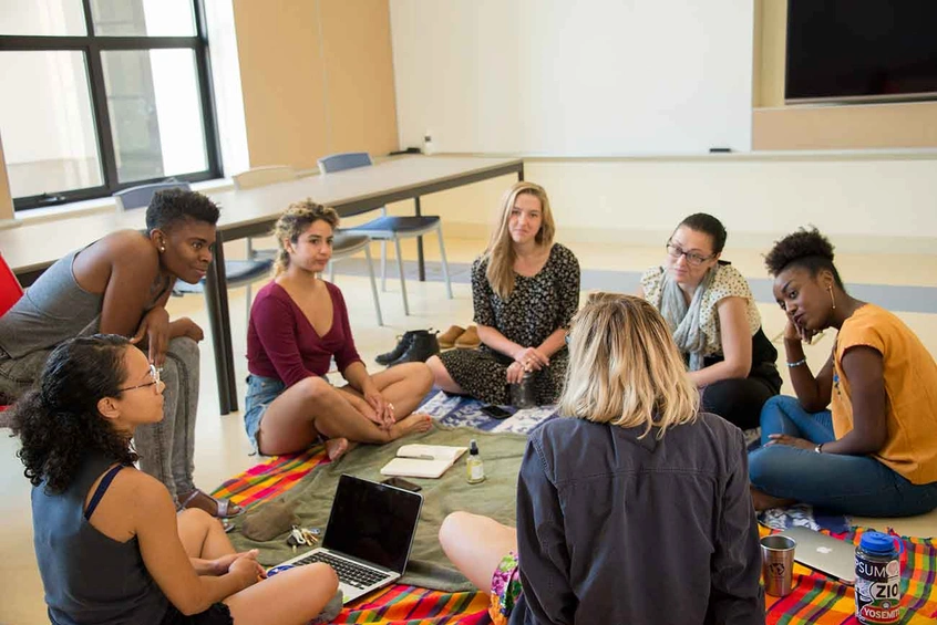 Participants in one of five salons artist Jheanelle Garriques hosted at The Huntington in summer 2017. Clockwise from bottom left: Camille LaGrange, Turay Turay, Sydney Lopez, Rachel O’Leary, Renae Keene, Jheanelle Garriques, and Afton Montgomery.