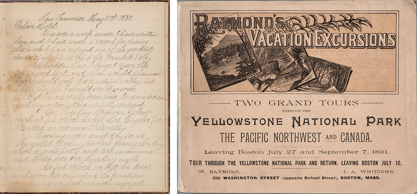 Left: Amy Bridges, manuscript diary entry of Raymond-Whitcomb excursion, May 31, 1882. The Huntington Library, Art Collections, and Botanical Gardens. Right: Raymond-Whitcomb Co., guide book cover, Two Grand Tours Through the Yellowstone National Park, 1891. The Huntington Library, Art Collections, and Botanical Gardens.