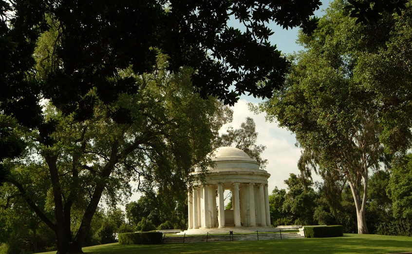 Elm and birch trees surround The Huntington Mausoleum