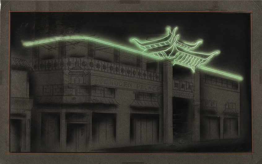 Electrical Products Corp. (artist unknown), Neon study for You Chung Hong buildings, Chinatown, Los Angeles, ca. 1936-37. Airbrush, black chalk, colored pencil, and gouache on board, 16 x 25 1/2 inches. © Courtesy of Federal Signal Corporation, on behalf of Electrical Products Corporation, 2018. The Huntington Library, Art Collections, and Botanical Gardens.