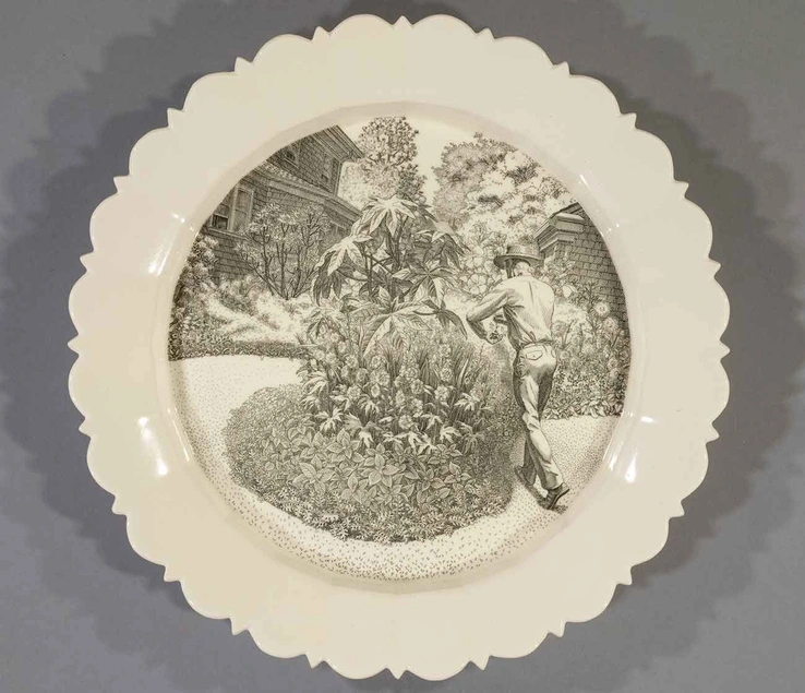 Andrew Raftery, August: Deadheading, 2009-2016, engravings transfer printed on glazed white earthenware, diameter: 12 1/2 in. (31.8 cm.) The Huntington Library, Art Museum, and Botanical Gardens. Purchased with funds from Richard Benefield and John F. Kunowski © Andrew Raftery