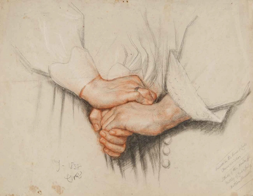 Charles West Cope, Clasped Hands (Study for Fresco in Peers' Corridor, Palace of Westminster) c. 1858. Huntington Library, Art Collections, and Botanical Gardens.