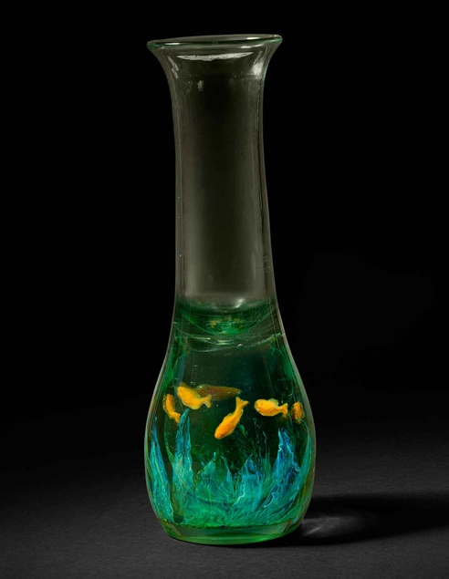 Tiffany Studios, Aquamarine Vase, Favrile glass, 17 1/8 × 6 in. Collection of Stanley and Dolores Sirott, © David Schlegel, courtesy of Paul Doros. Image courtesy of The Huntington Library, Art Collections, and Botanical Gardens.