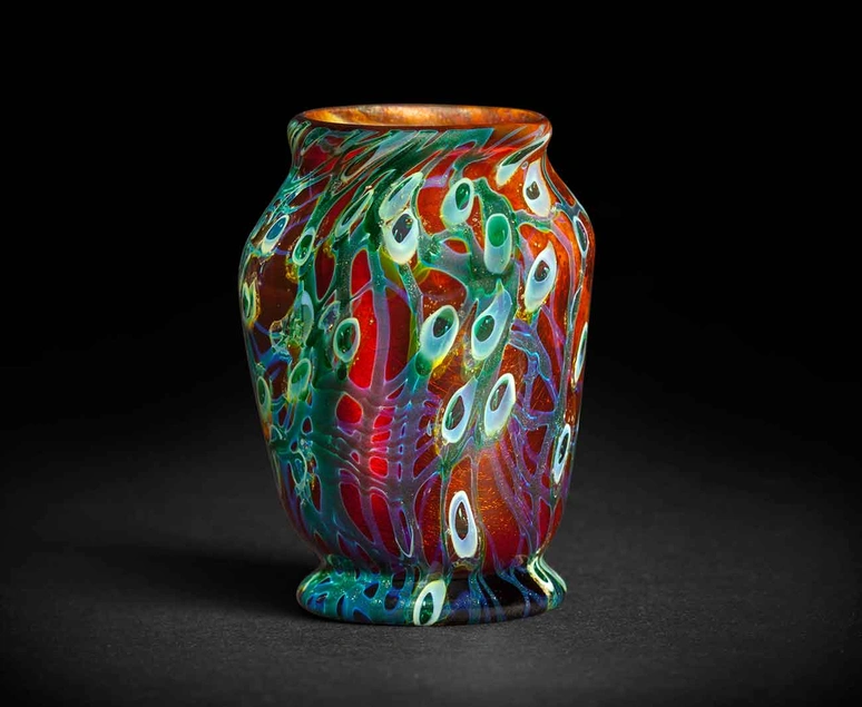 Tiffany Studios, Miniature Vase, Favrile glass, 2 5/8 × 1 7/8 in. Collection of Stanley and Dolores Sirott, © David Schlegel, courtesy of Paul Doros. Image courtesy of The Huntington Library, Art Collections, and Botanical Gardens.