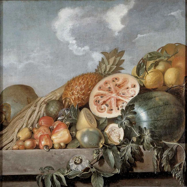 Albert Eckhout (ca. 1610–1666), Fruits, pineapple and melon, etc., 1640–50, oil on canvas, 35 13/16 × 35 13/16 in. Photo: John Lee, National Museum of Denmark, Copenhagen, N.92.