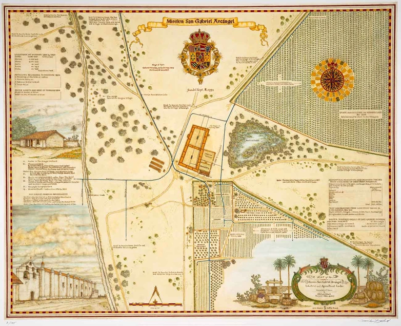 Map of the Mission San Gabriel Archángel industrial and agricultural center. Researched and drawn by Michael J. Hart, 2009.