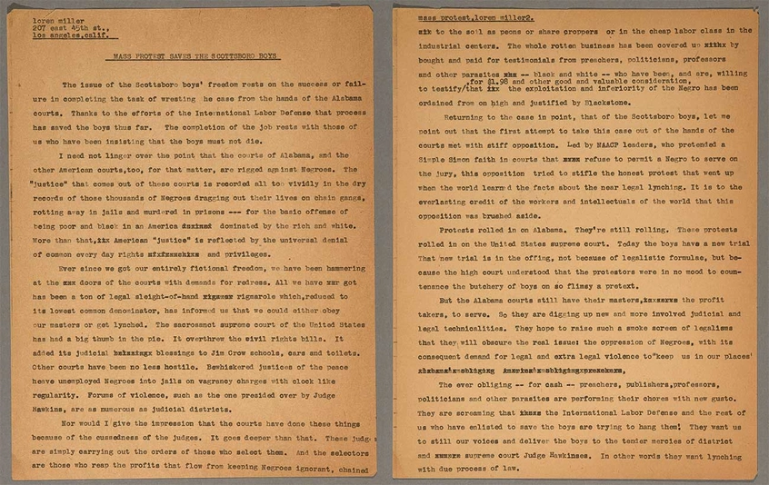 Loren Miller, “Mass Protest Saves the Scottsboro Boys,” March 16, 1933. First two pages of a three-page draft article written by Miller for the Daily Worker in response to William Patterson’s letter of February 14, 1933. The Huntington Library, Art Museum, and Botanical Gardens.