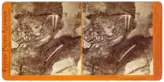 Two images of rocks and tools in a mine.