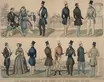 A lithograph of people in various dress attire from the 1840s.