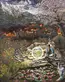 An enamel painting of people in a mountainside town on fire beneath a stormy sky. In the foreground, a person sits near a lily pond, blowing a bubble that contains a portal to another world.