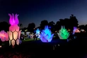 Large sculptures with lights in a dark garden.