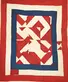 Red, blue, and cream quilt titled “American Housetop for the Arnetts,” 2005 by Louisiana Bendolph