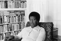 Patti Perret, photograph of Octavia E. Butler seated by her bookcase, 1986. The Huntington Library, Art Collections, and Botanical Gardens. © Patti Perret.