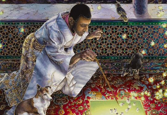 An enamel artwork featuring a person and a dog looking at a glowing square on an ornate carpet.	